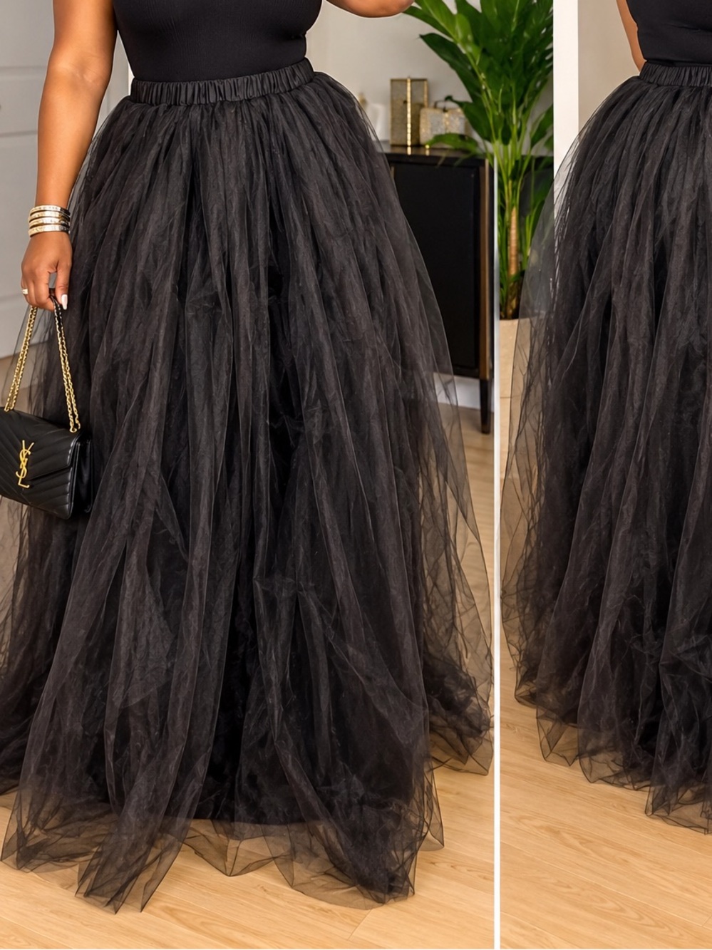 Elegant Black Tulle Maxi Skirt - Womens